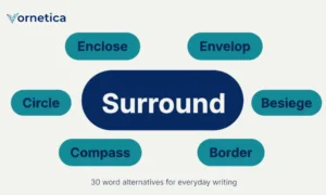 Illustration showing 30 synonyms for surround with example word bubbles