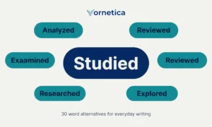 Student reading a book with a list of synonyms for studied on a notepad